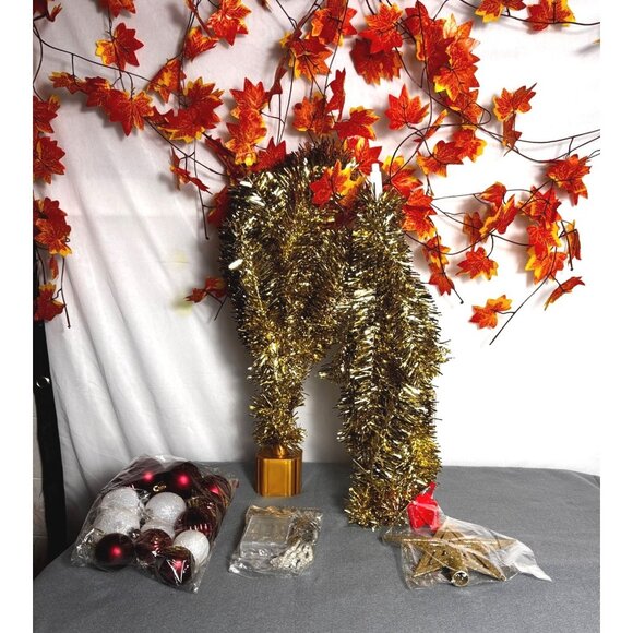 Gold 3 Ft Pre-Lit Artificial Christmas Tree With Ornaments & Star Stand Holiday - Picture 2 of 4